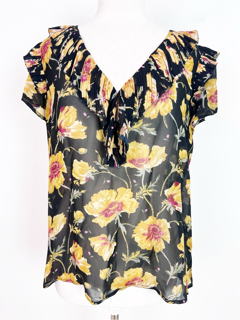 PAIGE BLACK YELLOW FLORAL PRINT CAP SLEEVE RUFFLE V-NECK BLOUSE SZ LARGE